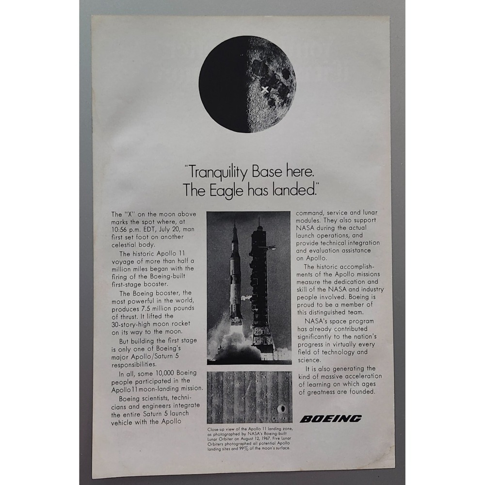 1969 Magazine Advertisement Page Boeing Booster NASA Apollo 11 Moon Print Ad